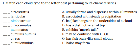 1. Match each cloud type to the letter best pertaining to its characteristics
cirrostratus
lenticular
nimbostratus
cirrocumulus
mammatus
cumulus humilis
cirrus
cumulonimbus
A. usually forms and disperses within 40 minutes
B. associated with steady precipitation
C. baglike; hangs on the undersides of a cloud
D. has a distinctive anvil top
E. exhibits "mare's tails"
F. may be confused with UFOS
G. has fish scale-like small clouds
H. halos may form