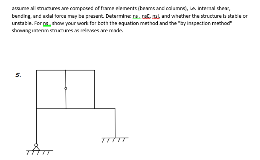 assume all structures are composed of frame elements (beams and columns), i.e. internal shear,
bending, and axial force may be present. Determine: ns, nsE, nsl, and whether the structure is stable or
unstable. For ns, show your work for both the equation method and the "by inspection method"
showing interim structures as releases are made.
5.

