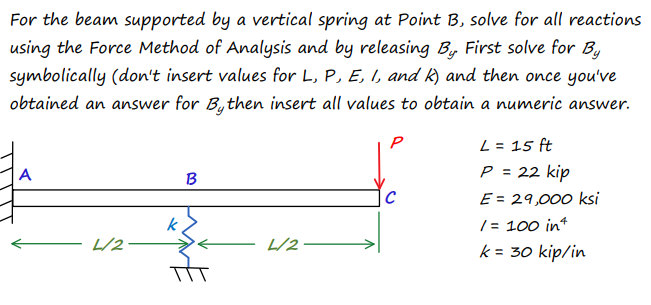 For the beam supported by a vertical spring at Point B, solve for all reactions
using the Force Method of Analysis and by releasing By First solve for By
symbolically (don't insert values for L, P, E, I, and k) and then once you've
obtained an answer for B,then insert all values to obtain a numeric answer.
P
L = 15 ft
P = 22 kip
E = 29,000 ksi
B
k.
/ = 100 int
L/2
L/2–
k = 30 kip/in
