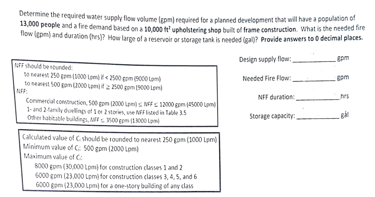 Determine the required water supply flow volume (gpm) required for a planned development that will have a population of
13,000 people and a fire demand based on a 10,000 ft² upholstering shop built of frame construction. What is the needed fire
1low (epm) and duration (hrs)? How large of a reservoir or storage tank is needed (gal)? Provide answers to 0 decimal places.
Design supply flow:
gpm
NFF should be rounded:
to nearest 250 gpm (1000 Lpm) if < 2500 gpm (9000 Lpm)
to nearest 500 gpm (2000 Lpm) if 2 2500 gpm (9000 Lpm)
NFF:
Commercial construction, 500 gpm (2000 Lpm) < NFF < 12000 gpm (45000 Lpm)|
1- and 2-family dwellings of 1 or 2 stories, use NFF listed in Table 3.5
Other habitable buildings, NFF = 3500 gpm (13000 Lpm)
Needed Fire Flow:
gpm
NFF duration:
hrs
Storage capacity:
Calculated value of C, should be rounded to nearest 250 gpm (1000 Lpm)
Minimum value of C;: 500 gpm (2000 Lpm)
Maximum value of C:
8000 gpm (30,000 Lpm) for construction classes 1 and 2
6000 gpm (23,000 Lpm) for construction classes 3, 4, 5, and 6
6000 gpm (23,000 Lpm) for a one-story building of any class
