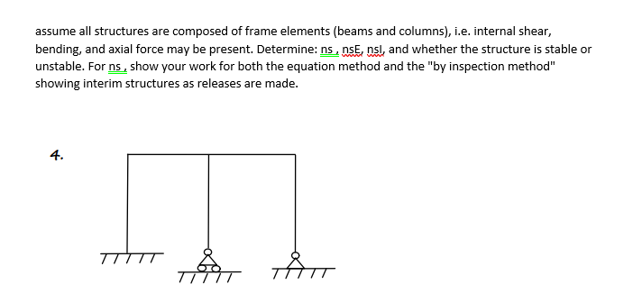 assume all structures are composed of frame elements (beams and columns), i.e. internal shear,
bending, and axial force may be present. Determine: ns, nsE, nsl, and whether the structure is stable or
unstable. For ns, show your work for both the equation method and the "by inspection method"
showing interim structures as releases are made.
4.
