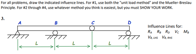 For all problems, draw the indicated influence lines. For #1, use both the "unit load method" and the Mueller-Breslau
Principle. For #2 through #4, use whatever method you think is easiest, but you must SHOW YOUR WORK.
A
в
D
Influence Lines for:
RA Rs Ro Vc MB
V8, LHS V8, RHS
3.
