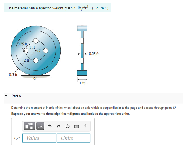 The material has a specific weight y = 93 lb/ft . (Figure 1)
0.25 ft
i ft
- 0.25 ft
2 ft
0.5 ft
Part A
Determine the moment of inertia of the wheel about an axis which is perpendicular to the page and passes through point O.
Express your answer to three significant figures and include the appropriate units.
?
HẢ
Io =
Value
Units
