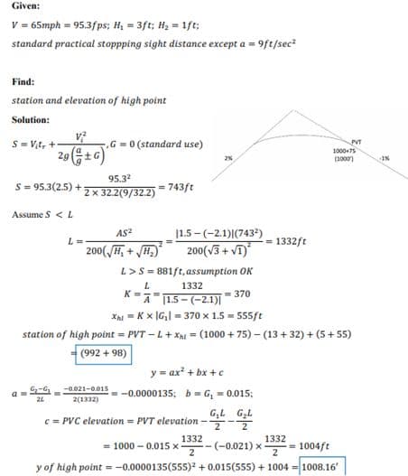 Given:
V = 65mph = 95.3fps; H₂ = 3ft; H₂ = 1ft;
standard practical stoppping sight distance except a = 9ft/sec²
Find:
station and elevation of high point
Solution:
S=Vit, +
S = 95.3(2.5) +
V²
29(±G)
Assume SL
am
G₂-G₂
21
L =
-
-,G=0 (standard use)
95.3²
2 x 32.2(9/32.2)
= 743ft
AS²
200(√H, +√H₂)
-0.021-0.015
2(1332)
=
11.5-(-2.1)|(743²)
200(√3+√1)²
L>S=881ft, assumption OK
L
1332
2%
K=A1.5-(-2.1)| 370
Xhi = KX |G₂| = 370 x 1.5 = 555ft
station of high point = PVT-L+x=(1000 +75)-(13+32) + (5 +55)
(992 +98)
y = ax² +bx+c
-0.0000135; b=G₁ = 0.015;
G₂L G₂L
c = PVC elevation = PVT elevation --
1332
2
= 1332ft
1332
PVT
1000-75
(1000)
= 1000 -0.015 x
-(-0.021) x
=1004ft
y of high point = -0.0000135(555)² +0.015(555) + 10041008.16'
-IN