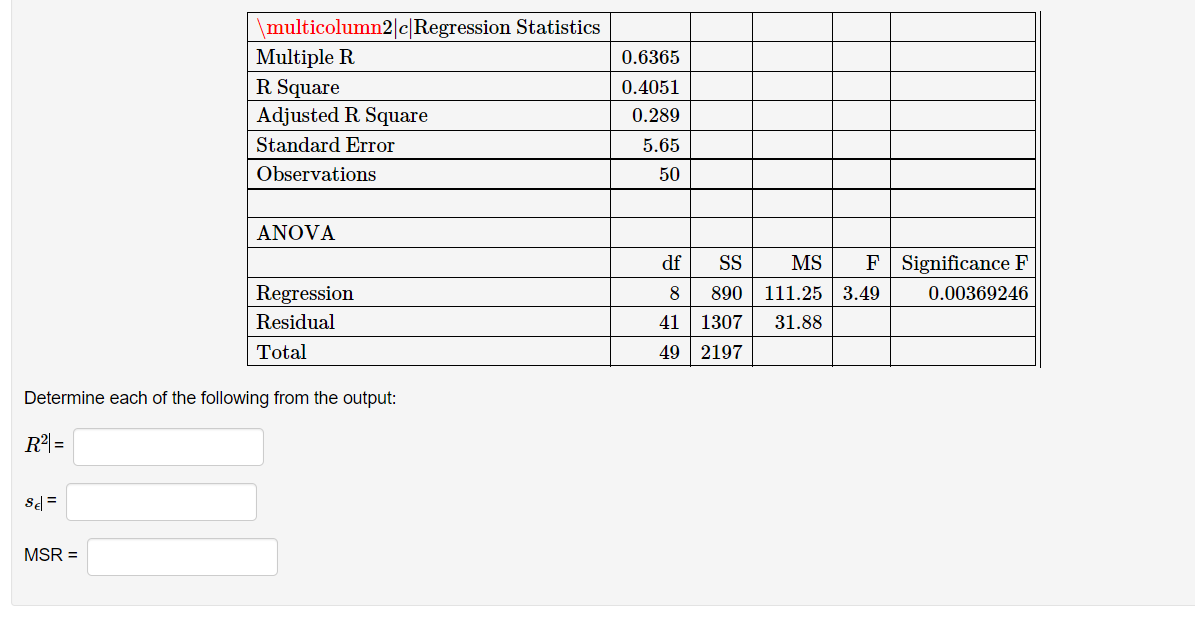 \multicolumn2|c|Regression Statistics
Multiple R
R Square
Adjusted R Square
0.6365
0.4051
0.289
Standard Error
5.65
Observations
50
ANOVA
df
SS
MS
F Significance F
Regression
8
890
111.25 3.49
0.00369246
Residual
41
1307
31.88
Total
49 2197
Determine each of the following from the output:
R2| =
Se =
MSR =
