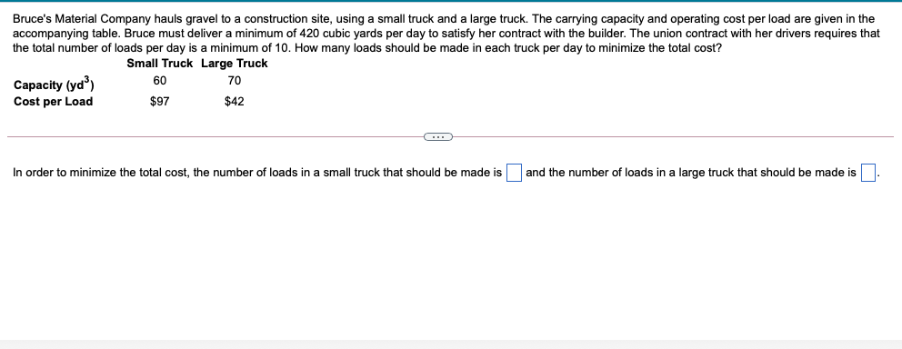 Bruce's Material Company hauls gravel to a construction site, using a small truck and a large truck. The carrying capacity and operating cost per load are given in the
accompanying table. Bruce must deliver a minimum of 420 cubic yards per day to satisfy her contract with the builder. The union contract with her drivers requires that
the total number of loads per day is a minimum of 10. How many loads should be made in each truck per day to minimize the total cost?
Small Truck Large Truck
Capacity (yd)
Cost per Load
60
70
$97
$42
In order to minimize the total cost, the number of loads in a small truck that should be made is
and the number of loads in a large truck that should be made is
