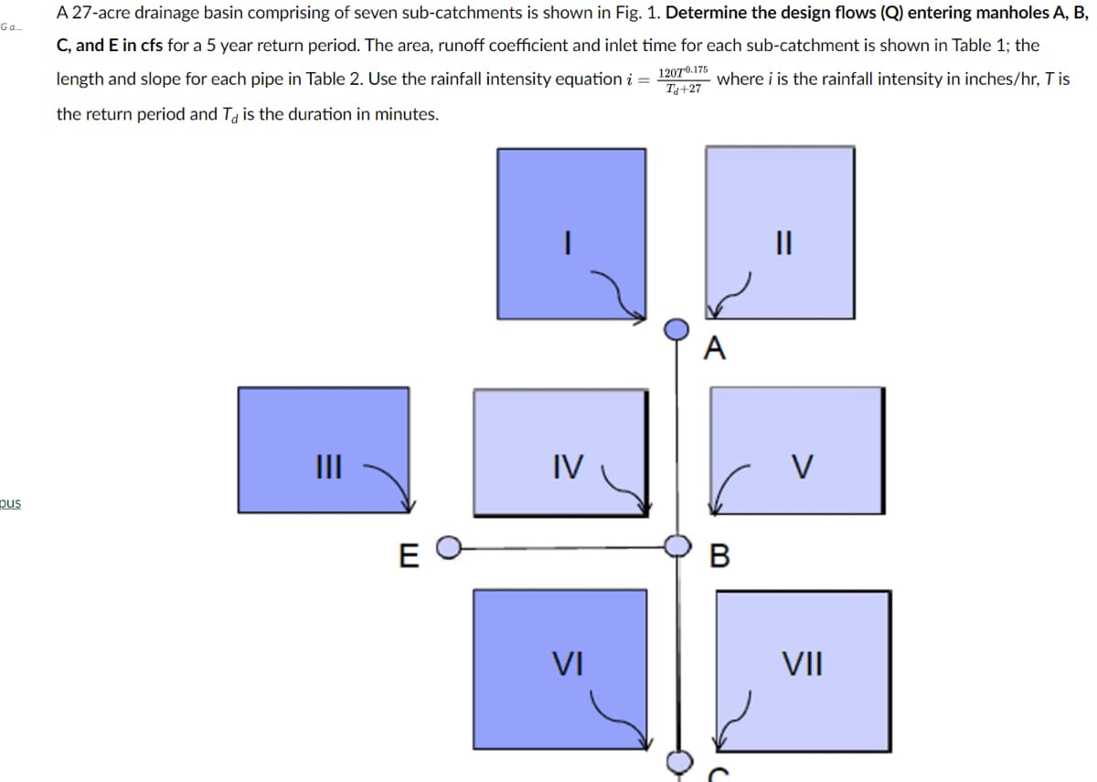 A 27-acre drainage basin comprising of seven sub-catchments is shown in Fig. 1. Determine the design flows (Q) entering manholes A, B,
Ga.
C, and E in cfs for a 5 year return period. The area, runoff coefficient and inlet time for each sub-catchment is shown in Table 1; the
length and slope for each pipe in Table 2. Use the rainfall intensity equation i = 1207 where i is the rainfall intensity in inches/hr, T is
Ta+27
the return period and T, is the duration in minutes.
II
A
II
IV
V
pus
E
В
VI
VII
