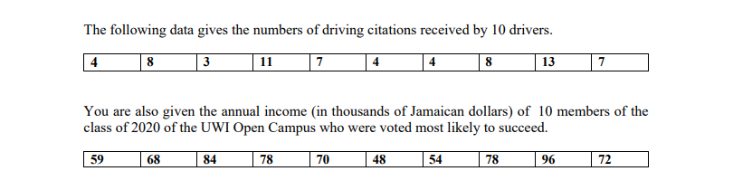 The following data gives the numbers of driving citations received by 10 drivers.
4
8
3
7
4
8
11
78
4
70
You are also given the annual income (in thousands of Jamaican dollars) of 10 members of the
class of 2020 of the UWI Open Campus who were voted most likely to succeed.
59
68
84
54
78
13
48
7
96
72