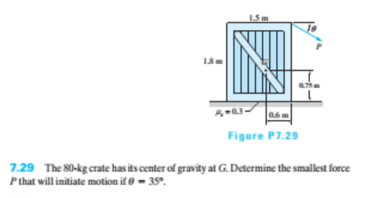 15 m
M -0.3
0.6 m
Figure P7.29
7.29 The 80-kg crate has its center of gravity at G. Determine the smallest force
P that will initiate motion if Ø = 35°.
.
