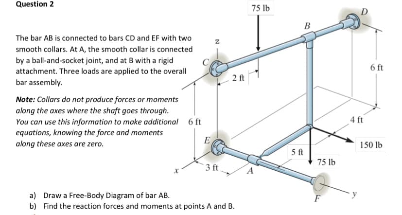 Question 2
75 lb
В
The bar AB is connected to bars CD and EF with two
smooth collars. At A, the smooth collar is connected
by a ball-and-socket joint, and at B with a rigid
attachment. Three loads are applied to the overall
6 ft
2 ft
bar assembly.
Note: Collars do not produce forces or moments
along the axes where the shaft goes through.
6 ft
4 ft
You can use this information to make additional
equations, knowing the force and moments
E
along these axes are zero.
150 lb
5 ft
75 lb
` 3 ft.
y
a) Draw a Free-Body Diagram of bar AB.
b) Find the reaction forces and moments at points A and B.
F
