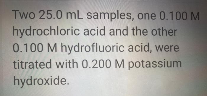 Two 25.0 mL samples, one 0.100 M
hydrochloric acid and the other
0.100 M hydrofluoric acid, were
titrated with 0.200 M potassium
hydroxide.
