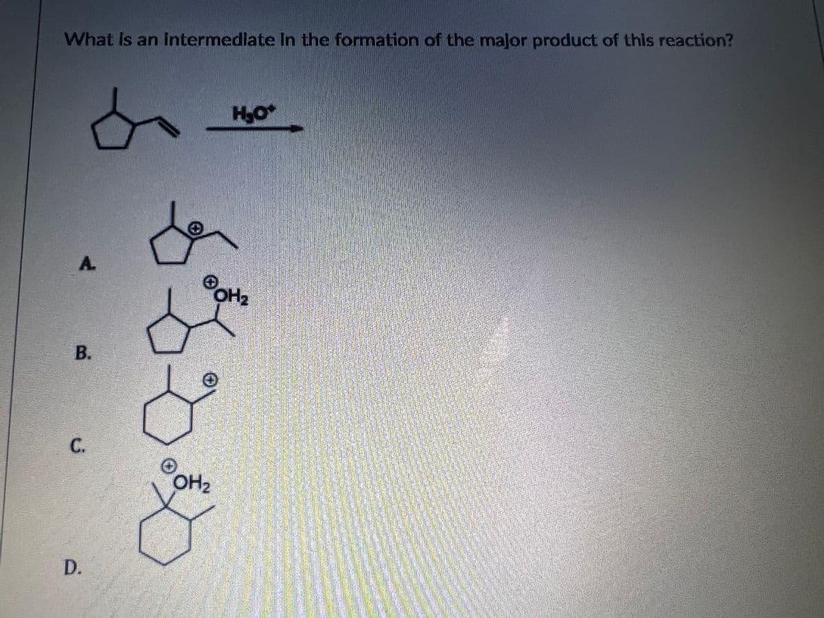 What Is an Intermediate In the formation of the maļor product of this reaction?
HO
A.
В.
C.
OH2
D.
