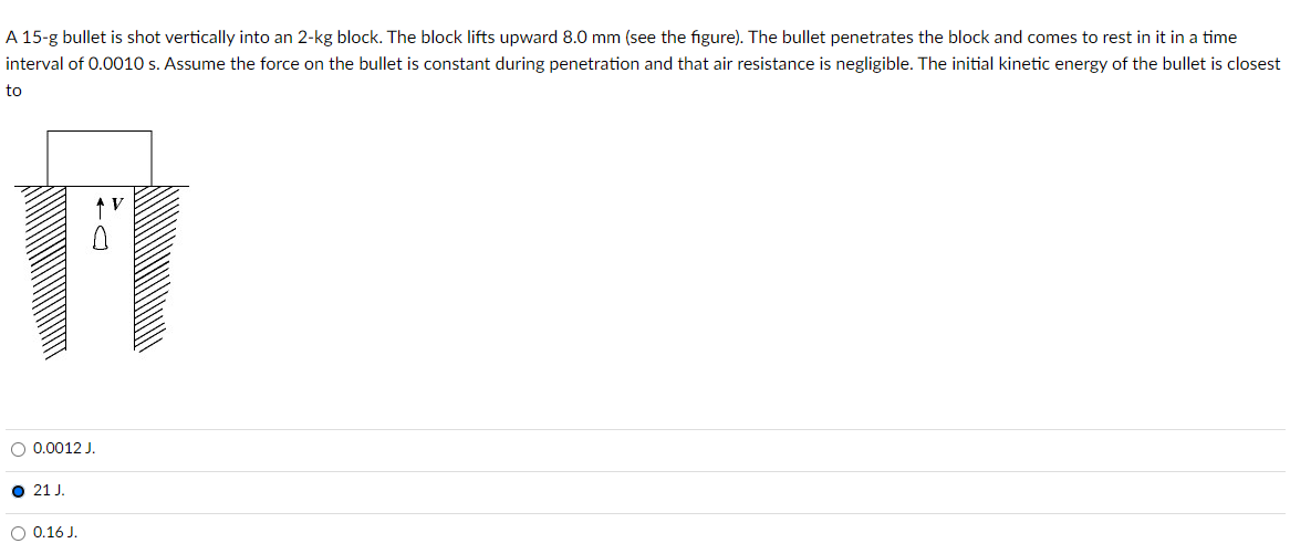 A 15-g bullet is shot vertically into an 2-kg block. The block lifts upward 8.0 mm (see the figure). The bullet penetrates the block and comes to rest in it in a time
interval of 0.0010 s. Assume the force on the bullet is constant during penetration and that air resistance is negligible. The initial kinetic energy of the bullet is closest
to
171
0.0012 J.
O 21 J.
O 0.16 J.