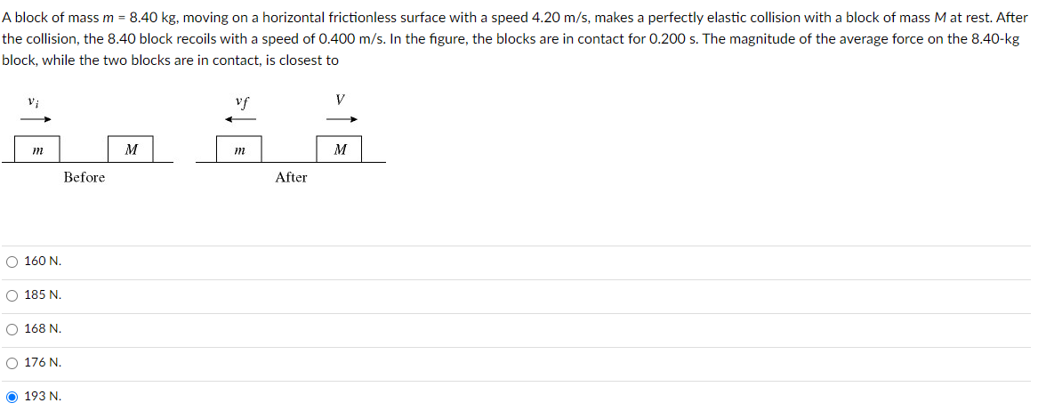 A block of mass m = 8.40 kg, moving on a horizontal frictionless surface with a speed 4.20 m/s, makes a perfectly elastic collision with a block of mass M at rest. After
the collision, the 8.40 block recoils with a speed of 0.400 m/s. In the figure, the blocks are in contact for 0.200 s. The magnitude of the average force on the 8.40-kg
block, while the two blocks are in contact, is closest to
Vi
vf
V
M
m
M
m
O 160 N.
O 185 N.
Ô 168 N.
O 176N.
193 N.
OO
Before
After