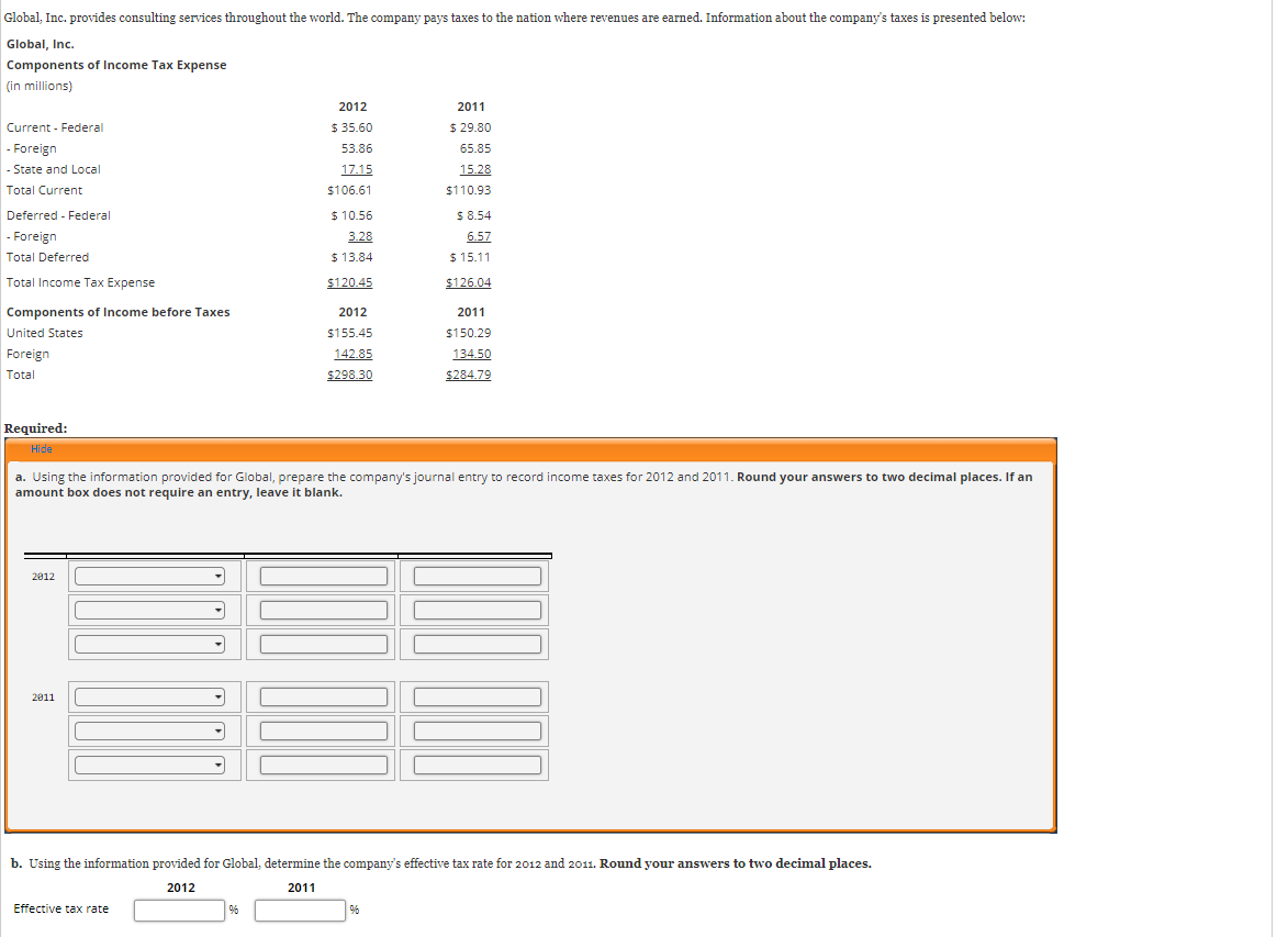 Global, Inc. provides consulting services throughout the world. The company pays taxes to the nation where revenues are earned. Information about the company's taxes is presented below:
Global, Inc.
Components of Income Tax Expense
(in millions)
2012
2011
Current - Federal
$ 35.60
$ 29.80
- Foreign
- State and Local
53.86
65.85
17.15
15.28
Total Current
$106.61
$110.93
Deferred - Federal
$ 10.56
S 8.54
- Foreign
3.28
6.57
Total Deferred
$ 13.84
$ 15.11
Total Income Tax Expense
$120.45
$126.04
Components of Income before Taxes
2012
2011
United States
$155.45
$150.29
Foreign
142.85
134.50
Total
$298.30
$284.79
Required:
Hide
a. Using the information provided for Global, prepare the company's journal entry to record income taxes for 2012 and 2011. Round your answers to two decimal places. If an
amount box does not require an entry, leave it blank.
2012
2011
b. Using the information provided for Global, determine the company's effective tax rate for 2012 and 2011. Round your answers to two decimal places.
2012
2011
Effective tax rate
9%
96
