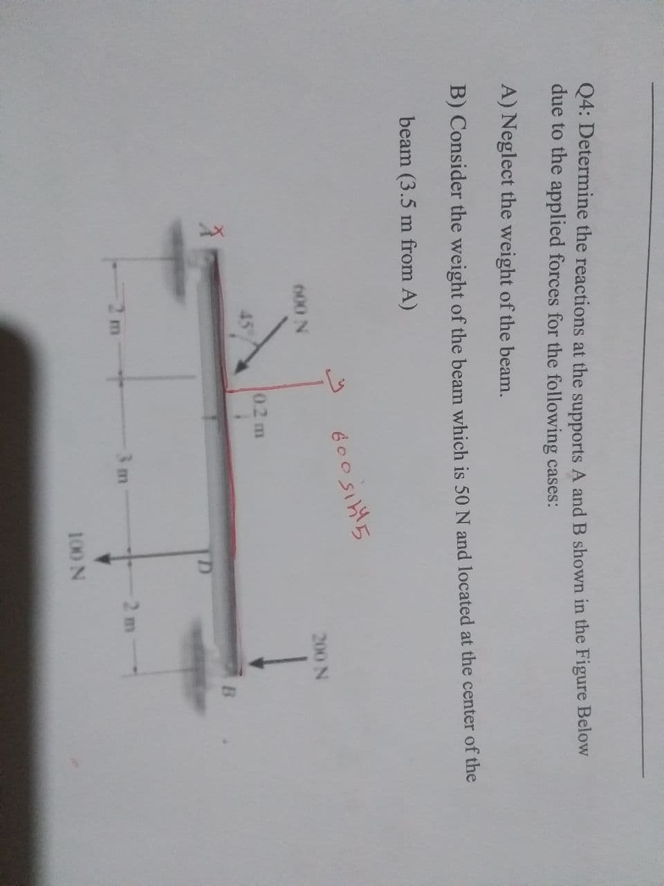 Q4: Determine the reactions at the supports A and B shown in the Figure Below
due to the applied forces for the following cases:
A) Neglect the weight of the beam.
B) Consider the weight of the beam which is 50 N and located at the center of the
beam (3.5 m from A)
200 N
600 N
0.2 m
2 m
2 m
3 m
100 N
