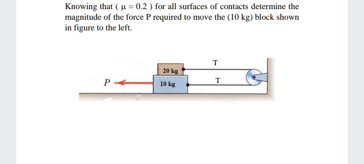 Knowing that ( u = 0.2 ) for all surfaces of contacts determine the
magnitude of the force P required to move the (10 kg) block shown
in figure to the left.
T
20 kg
T
10 kg
