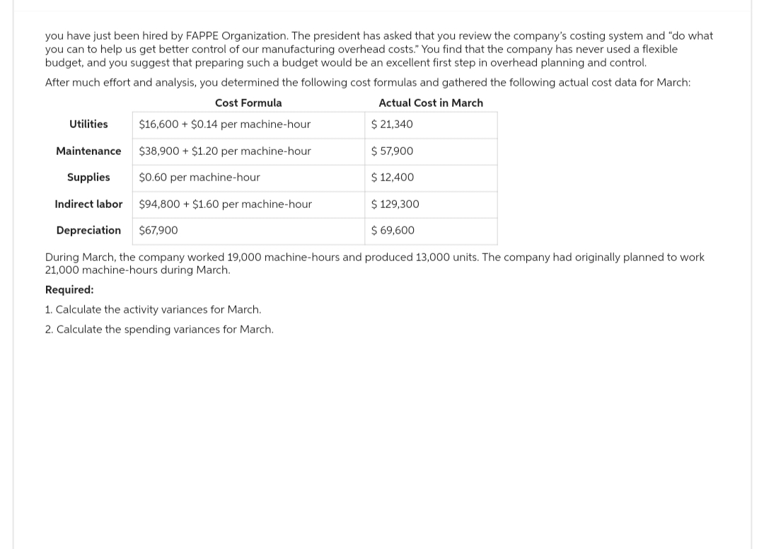 you have just been hired by FAPPE Organization. The president has asked that you review the company's costing system and "do what
you can to help us get better control of our manufacturing overhead costs." You find that the company has never used a flexible
budget, and you suggest that preparing such a budget would be an excellent first step in overhead planning and control.
After much effort and analysis, you determined the following cost formulas and gathered the following actual cost data for March:
Cost Formula
Actual Cost in March
$16,600 + $0.14 per machine-hour
$ 21,340
$38,900 + $1.20 per machine-hour
$0.60 per machine-hour
Utilities
Maintenance
Supplies
Indirect labor
$94,800+ $1.60 per machine-hour
Depreciation $67,900
$ 57,900
$ 12,400
$ 129,300
$ 69,600
During March, the company worked 19,000 machine-hours and produced 13,000 units. The company had originally planned to work
21,000 machine-hours during March.
Required:
1. Calculate the activity variances for March.
2. Calculate the spending variances for March.