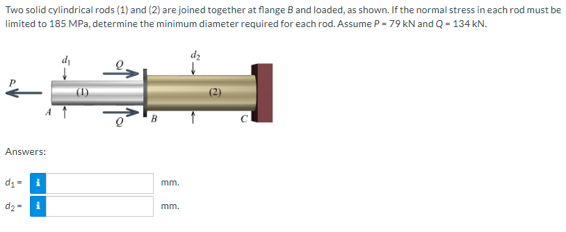 Two solid cylindrical rods (1) and (2) are joined together at flange B and loaded, as shown. If the normal stress in each rod must be
limited to 185 MPa, determine the minimum diameter required for each rod. Assume P = 79 kN and Q = 134 kN.
%3D
dz
di
B
Answers:
d1 =
mm.
d2 =
mm.
