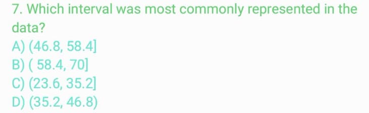 7. Which interval was most commonly represented in the
data?
A) (46.8, 58.4]
B) ( 58.4, 70]
C) (23.6, 35.2]
D) (35.2, 46.8)
