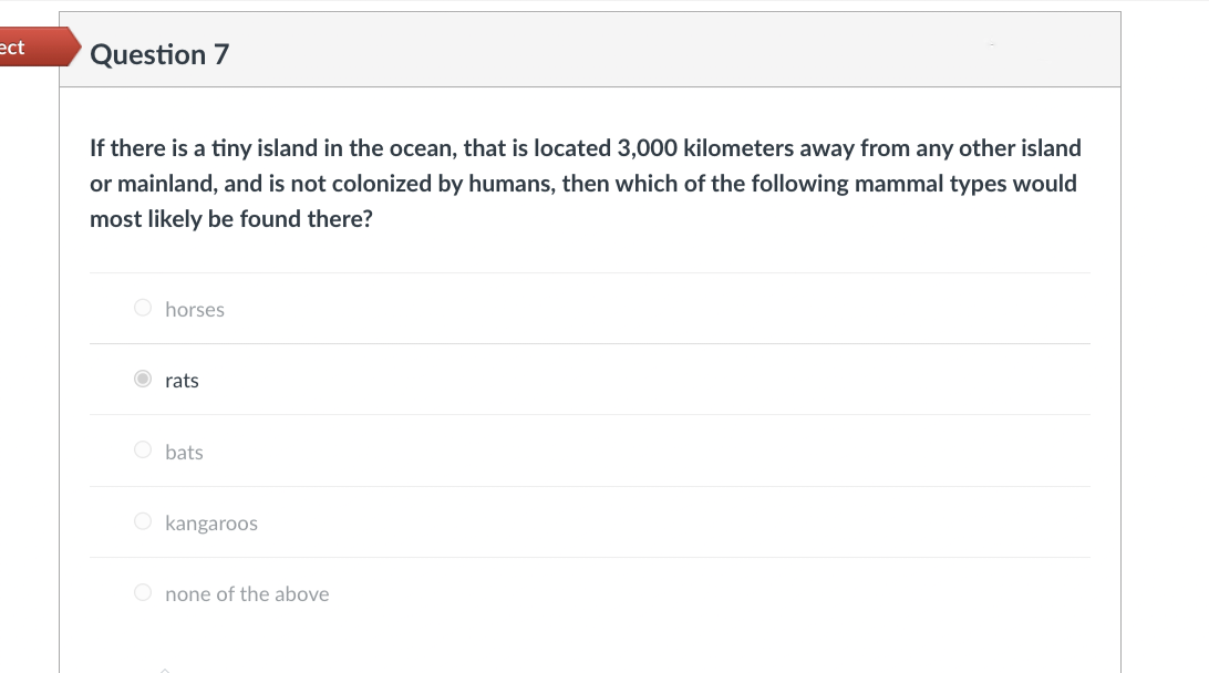 ect
Question 7
If there is a tiny island in the ocean, that is located 3,000 kilometers away from any other island
or mainland, and is not colonized by humans, then which of the following mammal types would
most likely be found there?
O horses
rats
Obats
Okangaroos
Onone of the above