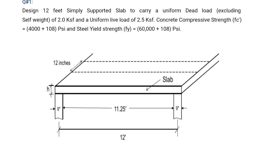 Q#1:
Design 12 feet Simply Supported Slab to carry a uniform Dead load (excluding
Self weight) of 2.0 Ksf and a Uniform live load of 2.5 Ksf. Concrete Compressive Strength (fc')
(4000 + 108) Psi and Steel Yield strength (fy) = (60,000 + 108) Psi.
12 inches
Slab
+ 9"
11.25'
9" -
12'
