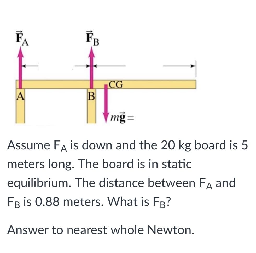 F
FB
A
CG
B
A
mg =
Assume FA is down and the 20 kg board is 5
meters long. The board is in static
equilibrium. The distance between Fa and
FB is 0.88 meters. What is FB?
Answer to nearest whole Newton.
