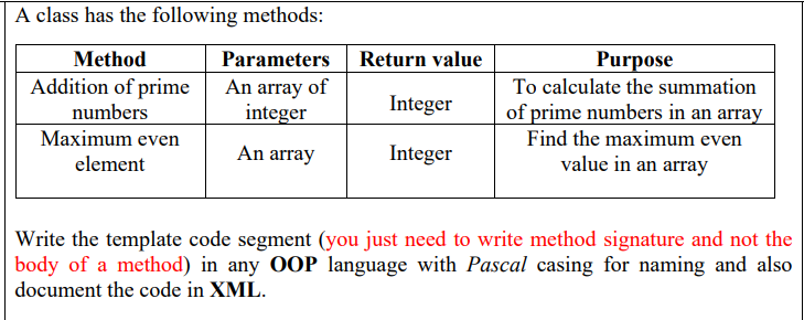 A class has the following methods:
Parameters Return value
An array of
integer
Method
Purpose
Addition of prime
To calculate the summation
Integer
of prime numbers in an array
Find the maximum even
numbers
Maximum even
An array
Integer
value in an array
element
Write the template code segment (you just need to write method signature and not the
body of a method) in any OOP language with Pascal casing for naming and also
document the code in XML.
