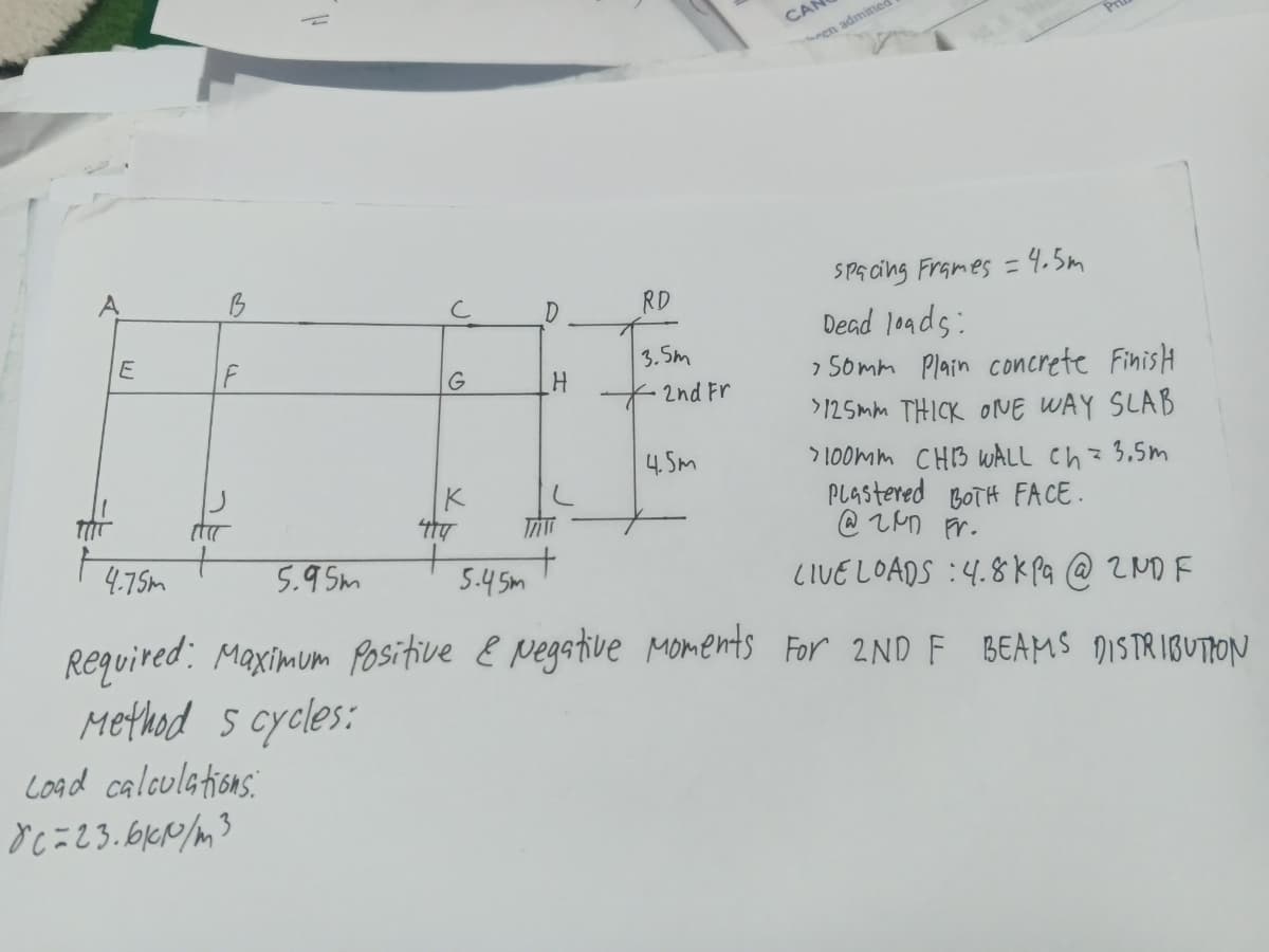 E
F
5.95m
Load calculations:
8c=23.610/100/m3
с
G
K
474
D
H
TATT
RD
3.5m
2nd Fr
4.5m
CA
een admitted
= 4.5m
Spacing Frames=
4.75m
5.45m
Required: Maximum Positive & Negative Moments For 2ND F BEAMS DISTRIBUTION
Method s cycles:
Dead loads:
> 50mm Plain concrete Finish
>125mm THICK ONE WAY SLAB
100mm CHIB3 WALL Ch = 3.5m
Plastered BOTH FACE.
@ 2n Fr.
LIVE LOADS :4.8kPa @ 2ND F