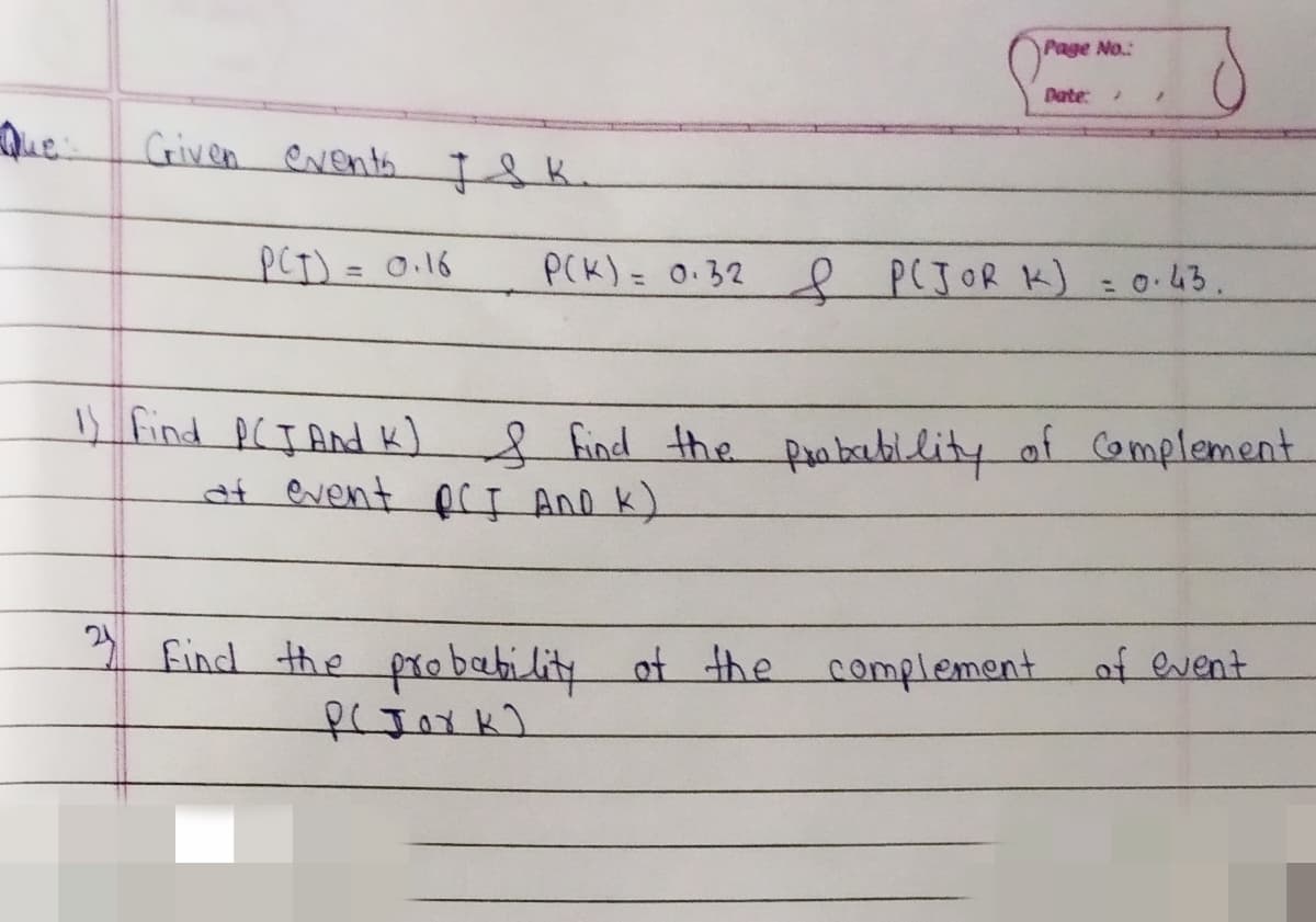 Page No.:
Date:
Que
Griven eventa I&k.
PCT) = 0.16
PCK)= 0.32 e PCJOR K) : 0.43.
%3D
%3D
find pC I Andk)
at event pCI Ano k)
find the pn baubi.lity af Complement.
A find the probability ot the complement
of event
