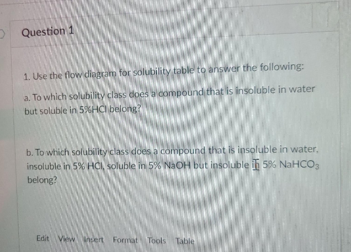 Question 1
1. Use the flow diagram for solubility table to answer the following:
a. To which solubility class does a compound that is insoluble in water
but soluble in 5%HCI belong?
b. To which solubility class does a compound that is insoluble in water,
insoluble in 5% HCI, soluble in 5% NaOH but insoluble in 5% NaHCO3
belong?
Edit View Insert Format Tools Table