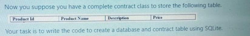 Now you suppose you have a complete contract class to store the following table.
Product Id
Product Name
Description
Price
Your task is to write the code to create a database and contract table using SQLite.
