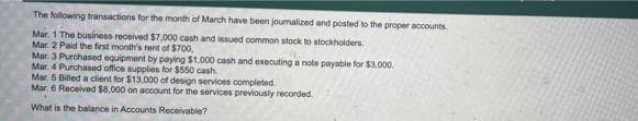 The following transactions for the month of March have been journalized and posted to the proper accounts.
Mar. 1 The business received $7,000 cash and issued common stock to stockholders.
Mar. 2 Paid the first month's rent of $700,
Mar. 3 Purchased equipment by paying $1,000 cash and executing a note payable for $3,000.
Mar. 4 Purchased office supplies for $550 cash.
Mar. 5 Billed a client for $13,000 of design services completed
Mar. 6 Received $8,000 on account for the services previously recorded.
What is the balance in Accounts Receivable?