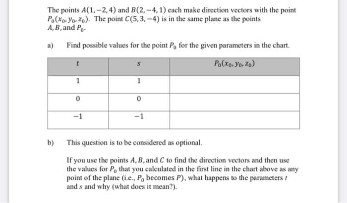 The points A(1,-2, 4) and B(2,-4, 1) each make direction vectors with the point
Po(Xo, Yo, Zo). The point C(5,3,-4) is in the same plane as the points
A, B, and Po.
a)
Find possible values for the point Po for the given parameters in the chart.
Po(xo, Yo, Zo)
1
1
-1
-1
b) This question is to be considered as optional.
If you use the points A, B, and C to find the direction vectors and then use
the values for Po that you calculated in the first line in the chart above as any
point of the plane (i.e., P, becomes P), what happens to the parameters t
and s and why (what does it mean?).
