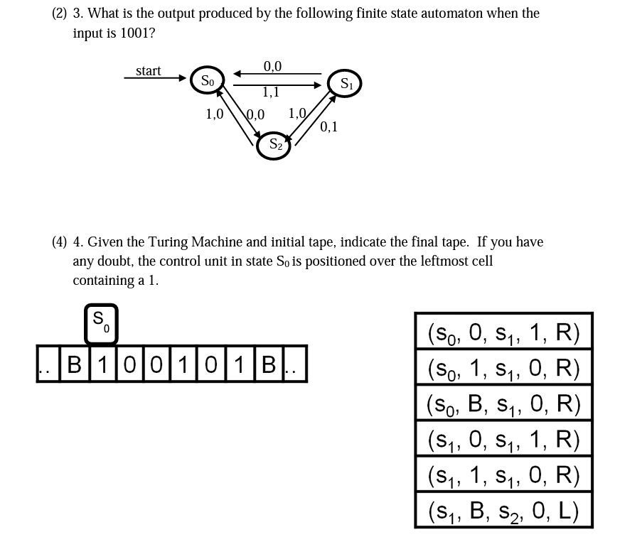 (2) 3. What is the output produced by the following finite state automaton when the
input is 1001?
start
So
1,0
0,0
1,1
0,0
S₂
1,0
S
0
B 100 101 B
0,1
S₁
(4) 4. Given the Turing Machine and initial tape, indicate the final tape. If you have
any doubt, the control unit in state So is positioned over the leftmost cell
containing a 1.
(So, 0, S₁, 1, R)
(So, 1, S₁, 0, R)
(So, B, S₁, 0, R)
(S₁, 0, S₁, 1, R)
(S₁, 1, S₁, 0, R)
(S₁, B, S₂, 0, L)