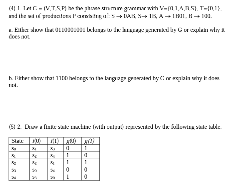 (4) 1. Let G = (V,T,S,P) be the phrase structure grammar with V={0,1,A,B,S}, T={0,1},
and the set of productions P consisting of: S→ 0AB, S→ 1B, A → 1B01, B → 100.
a. Either show that 0110001001 belongs to the language generated by G or explain why it
does not.
b. Either show that 1100 belongs to the language generated by G or explain why it does
not.
(5) 2. Draw a finite state machine (with output) represented by the following state table.
State f(0) f(1) g(0) g(1)
S3
0
1
S4
1
0
S1
1
1
S4
0
0
So
1
0
So
S1
S2
S3
S4
S1
S2
S2
So
S3