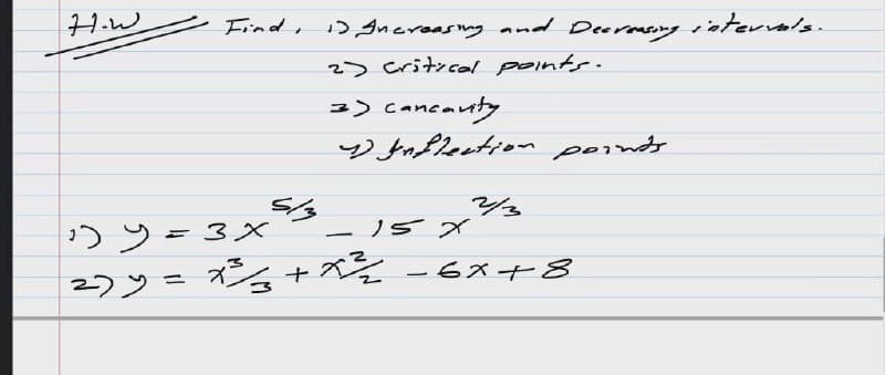 71.W
Find, Anereasng and Deermsng iatervals.
2> critrcal points.
=) cancauty
D fafleatiom poinds
つフ- 3×
22ン= ン+ベそ -6ズ+8
= 3X
ノ5 X
%3D
