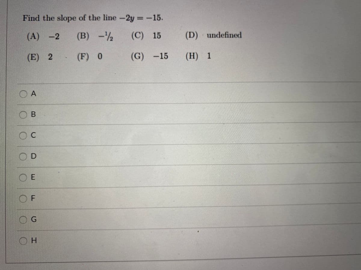 Find the slope of the line -2y -15.
(A) -2
(B) -½
-1/2
(C) 15
(D) undefined
(E) 2
(F) 0
(G) -15
(H) 1
DA
в
O C
E
F
OG
H.
