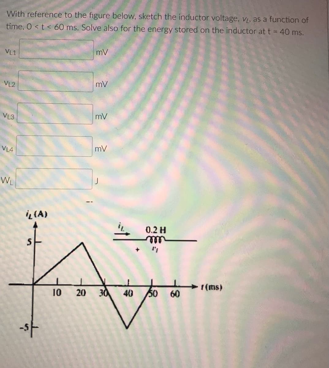 With reference to the figure below, sketch the inductor voltage, vL, as a function of
time, 0 < t < 60 ms. Solve also for the energy stored on the inductor at t = 40 ms.
mV
VL1
mV
VL2
mV
VL3
mV
VL4
WL
iL(A)
0.2 H
ell
r(ms)
10
20
30
50
60
40
