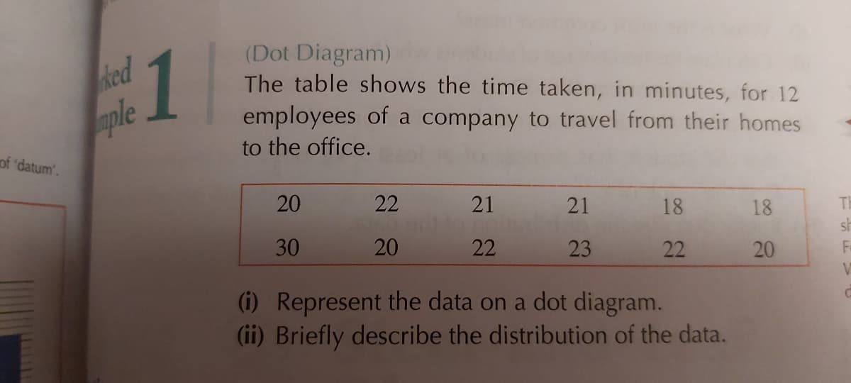 1
(Dot Diagram)
The table shows the time taken, in minutes, for 12
employees of a company to travel from their homes
to the office.
ied
ple
of 'datum'.
20
22
21
21
18
18
TH
sh
30
20
22
23
22
20
Fa
V.
(i) Represent the data on a dot diagram.
(ii) Briefly describe the distribution of the data.
