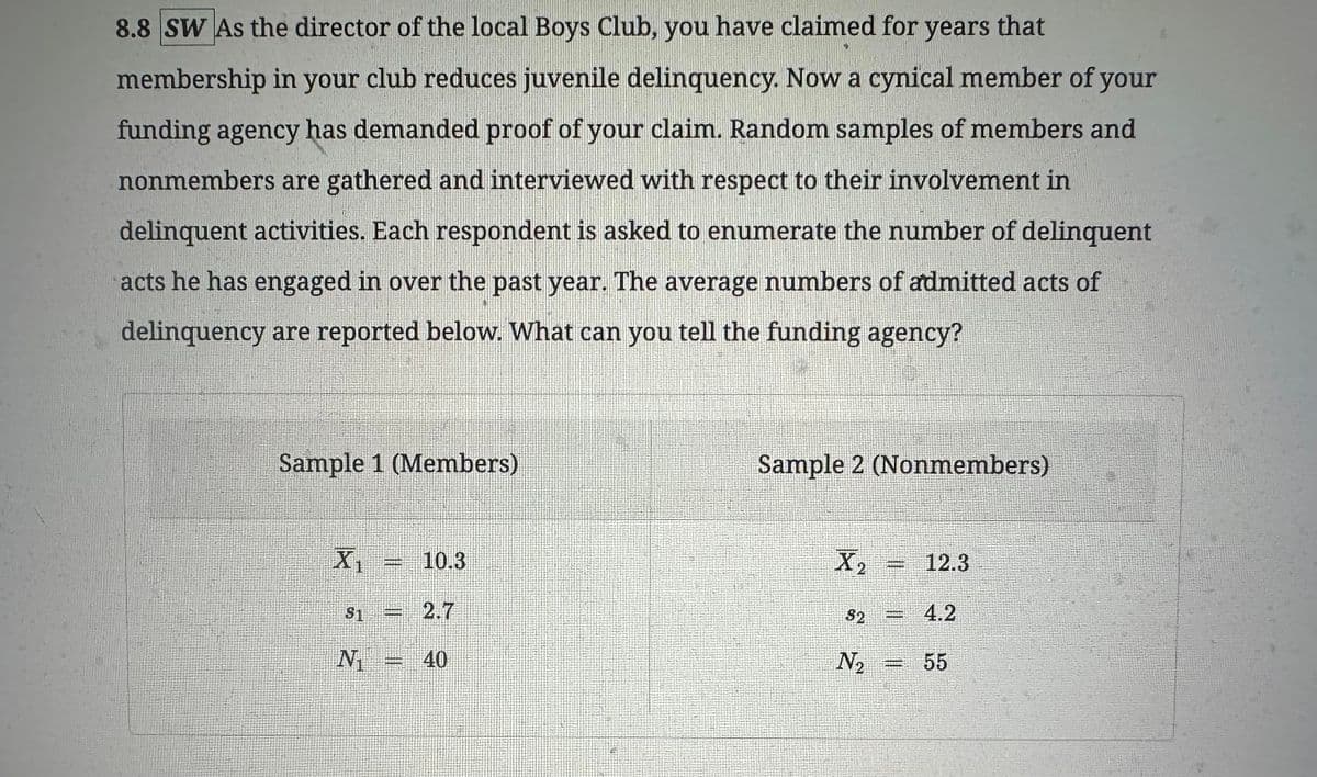 4
8.8 SW As the director of the local Boys Club, you have claimed for years that
membership in your club reduces juvenile delinquency. Now a cynical member of your
funding agency has demanded proof of your claim. Random samples of members and
nonmembers are gathered and interviewed with respect to their involvement in
delinquent activities. Each respondent is asked to enumerate the number of delinquent
acts he has engaged in over the past year. The average numbers of admitted acts of
delinquency are reported below. What can you tell the funding agency?
Sample 1 (Members)
X₁ = 10.3
S1
N₁
******
40
Sample 2 (Nonmembers)
X₂ E 12.3
32
N₂
= 4.2
P
55