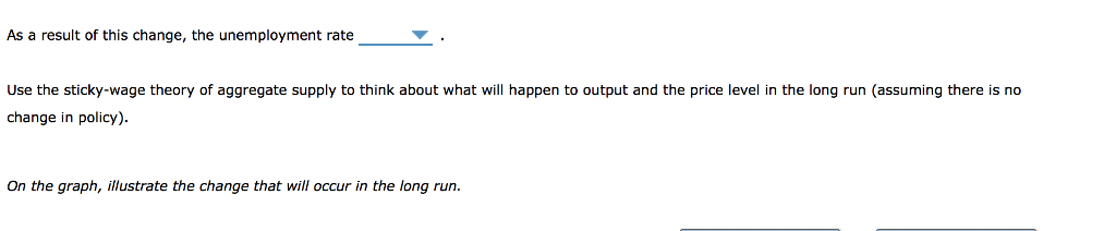 As a result of this change, the unemployment rate
Use the sticky-wage theory of aggregate supply to think about what will happen to output and the price level in the long run (assuming there is no
change in policy).
On the graph, illustrate the change that will occur in the long run.