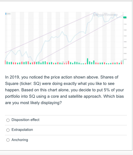 In 2019, you noticed the price action shown above. Shares of
Square (ticker: SQ) were doing exactly what you like to see
happen. Based on this chart alone, you decide to put 5% of your
portfolio into SQ using a core and satellite approach. Which bias
are you most likely displaying?
Disposition effect
Extrapolation
yahoo/finance
O Anchoring