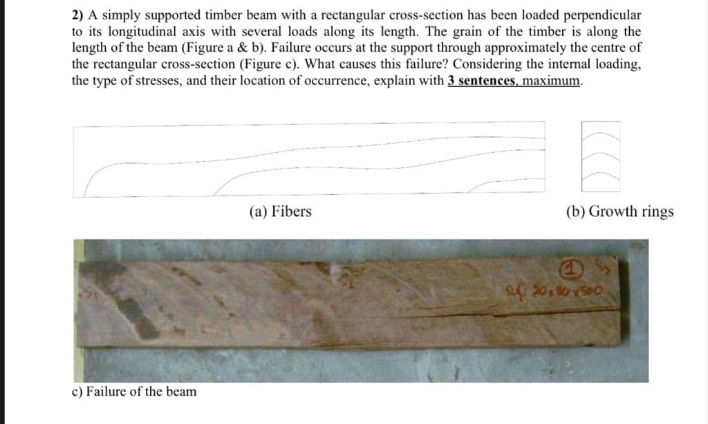 2) A simply supported timber beam with a rectangular cross-section has been loaded perpendicular
to its longitudinal axis with several loads along its length. The grain of the timber is along the
length of the beam (Figure a & b). Failure occurs at the support through approximately the centre of
the rectangular cross-section (Figure c). What causes this failure? Considering the internal loading,
the type of stresses, and their location of occurrence, explain with 3 sentences, maximum.
(a) Fibers
(b) Growth rings
af 2018050
c) Failure of the beam
