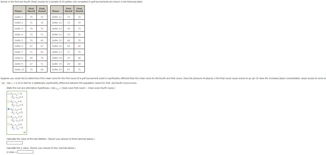 Scores in the first and fourth (final) rounds for a sample of 20 golfers who competed in golf tournaments are shown in the following table.
First
Final
First
Round
Final
Round
Player
Round
Round
Player
Golfer 1
70
72
Golfer 11
72
72
Golfer 2
71
72
Golfer 12
72
70
Golfer 3
70
73
Golfer 13
70
73
Golfer 4
72
71
Golfer 14
70
75
Golfer 5
70
69
Golfer 15
68
70
Golfer 6
67
67
Golfer 16
68
65
Golfer 7
71
68
Golfer 17
70
Golfer B
68
74
Golfer 18
68
Golfer 9
67
71
Golfer 19
68
Golfer 10
70
69
Golfer 20
67
71
Suppose you would like to determine if the mean score for the first round of a golf toumament event is significantly different than the mean score for the fourth and final round. Does the pressure of playing in the final round cause scores to go up? Or does the increased player concentration cause scores to come do
(a) Use 0.10 to test for a statistically significantly difference between the population means for first and fourth-round scores.
State the null and alternative hypotheses. (Use - mean score first round - mean score fourth round.)
OHO
H₂H50
OHO
Ho: 0
H:HD
OH-0
H₂H5O
OHMO
OHNSO
Calculate the value of the test statistic. (Round your answer to three decimal places.)
Calculate the p-value. (Round your answer to four decimal places.)
p-value-
71
70
69