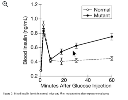 ### Blood Insulin Levels in Normal and Mutant Mice After Glucose Injection

#### Figure Description:
Figure 2 depicts blood insulin levels in normal mice and a specific type of mutant mice referred to as 'Bap' mutant mice over a 60-minute period following glucose injection.

#### Graph Details:
- **X-axis:** "Minutes After Glucose Injection" ranging from 0 to 60 minutes.
- **Y-axis:** "Blood Insulin (ng/mL)" ranging from 0.2 to 1.2 ng/mL.
- **Legend:**
  - Open circles represent data for "Normal" mice.
  - Filled circles represent data for "Mutant" mice.

#### Explanation:
- Immediately after glucose injection (0 minutes), both normal and mutant mice have comparable insulin levels (around 0.5 ng/mL).
- **For Normal Mice** (open circles; dashed line):
  - At approximately 5 minutes after injection, there's a sharp spike in insulin levels peaking slightly below 1.0 ng/mL.
  - This is followed by a decline, stabilizing around 0.4 ng/mL at 10 minutes.
  - From 10 minutes onwards, the insulin level remains relatively constant, staying under 0.5 ng/mL up to 60 minutes.
- **For Mutant Mice** (filled circles; solid line):
  - There is a gradual increase in insulin levels post-injection.
  - Starting from around 0.5 ng/mL at 5 minutes, the levels rise steadily over time, reaching approximately 0.8 ng/mL at 60 minutes.

#### Interpretation:
The data suggests that normal mice exhibit a rapid and transient insulin response to glucose injection, while the mutant mice demonstrate a slower but sustained increase in insulin levels post-glucose injection. This could imply differences in insulin regulation or sensitivity between the two groups, potentially offering insights into the genetic impact on glucose metabolism.

#### Conclusion:
This figure provides a clear comparative analysis of insulin responses between normal and Bap mutant mice, offering valuable information for understanding genetic influences on metabolic processes.