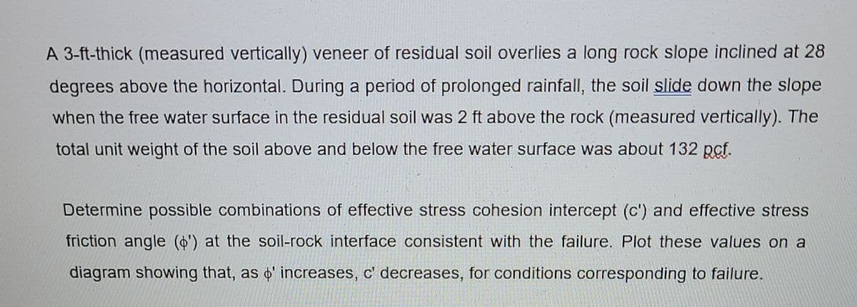 A 3-ft-thick (measured vertically) veneer of residual soil overlies a long rock slope inclined at 28
degrees above the horizontal. During a period of prolonged rainfall, the soil slide down the slope
when the free water surface in the residual soil was 2 ft above the rock (measured vertically). The
total unit weight of the soil above and below the free water surface was about 132 pcf.
Determine possible combinations of effective stress cohesion intercept (c') and effective stress
friction angle (o') at the soil-rock interface consistent with the failure. Plot these values on a
diagram showing that, as o' increases, c' decreases, for conditions corresponding to failure.
