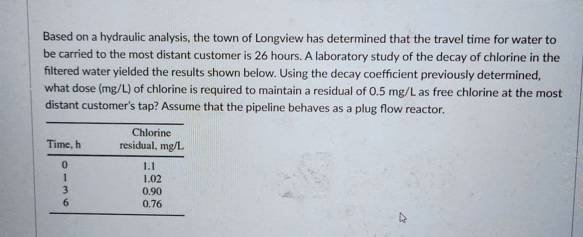 Based on a hydraulic analysis, the town of Longview has determined that the travel time for water to
be carried to the most distant customer is 26 hours. A laboratory study of the decay of chlorine in the
filtered water yielded the results shown below. Using the decay coefficient previously determined,
what dose (mg/L) of chlorine is required to maintain a residual of 0.5 mg/L as free chlorine at the most
distant customer's tap? Assume that the pipeline behaves as a plug flow reactor.
Time, h
0
1
3
6
Chlorine
residual, mg/L
1.1
1.02
0.90
0.76