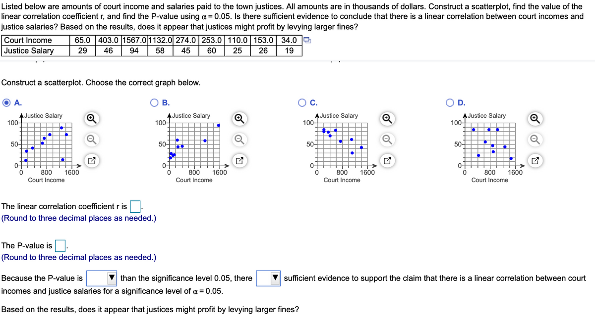 Listed below are amounts of court income and salaries paid to the town justices. All amounts are in thousands of dollars. Construct a scatterplot, find the value of the
linear correlation coefficient r, and find the P-value using a = 0.05. Is there sufficient evidence to conclude that there is a linear correlation between court incomes and
justice salaries? Based on the results, does it appear that justices might profit by levying larger fines?
Court Income
65.0 403.0 1567.01132.0 274.0 253.0 110.0 153.0 34.0
Justice Salary
29
46
94
58
45
60
25
26
19
Construct a scatterplot. Choose the correct graph below.
O A.
В.
Oc.
O D.
AJustice Salary
100-
AJustice Salary
100-
AJustice Salary
100-
AJustice Salary
100-
50-
50-
50-
50-
0-
0-
0-
0-
800
1600
800
1600
800
1600
800
1600
Court Income
Court Income
Court Income
Court Income
The linear correlation coefficient r is
(Round to three decimal places as needed.)
The P-value is
(Round to three decimal places as needed.)
Because the P-value is
than the significance level 0.05, there
sufficient evidence to support the claim that there is a linear correlation between court
incomes and justice salaries for a significance level of a =0.05.
Based on the results, does it appear that justices might profit by levying larger fines?
