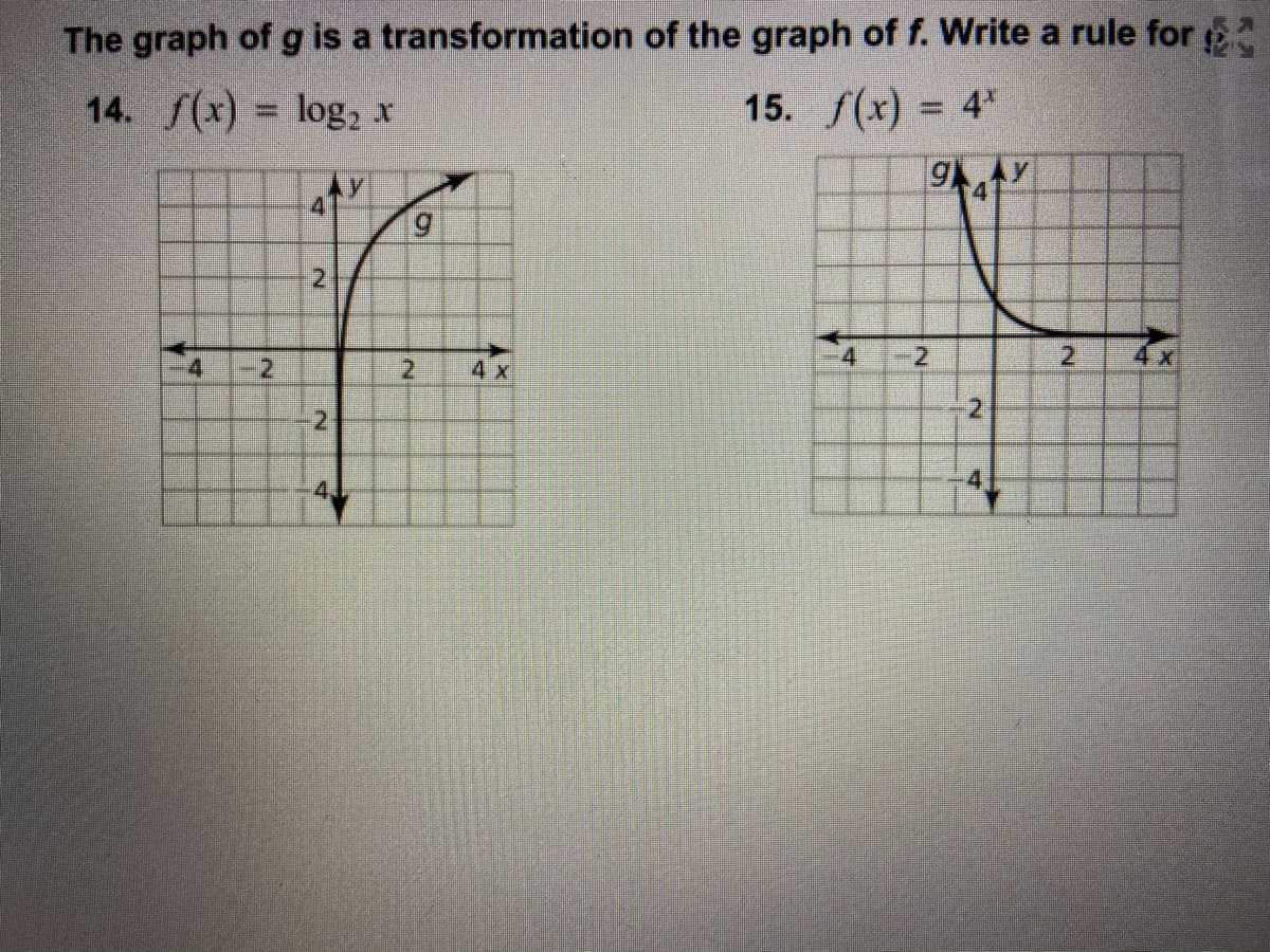 The graph of g is a transformation of the graph of f. Write a rule for
14. f(x) = log2 x
15. f(x) = 4"
%3D
4
4
-2
2.
-2
2
4 x
2.
2,
x1
2.
